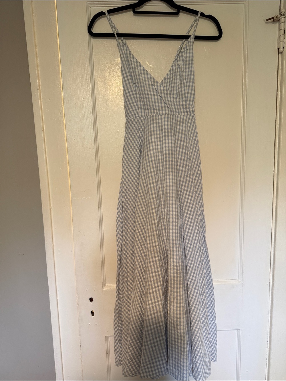Light Blue Gingham Maxi Dress with V-Neck and Spaghetti Straps